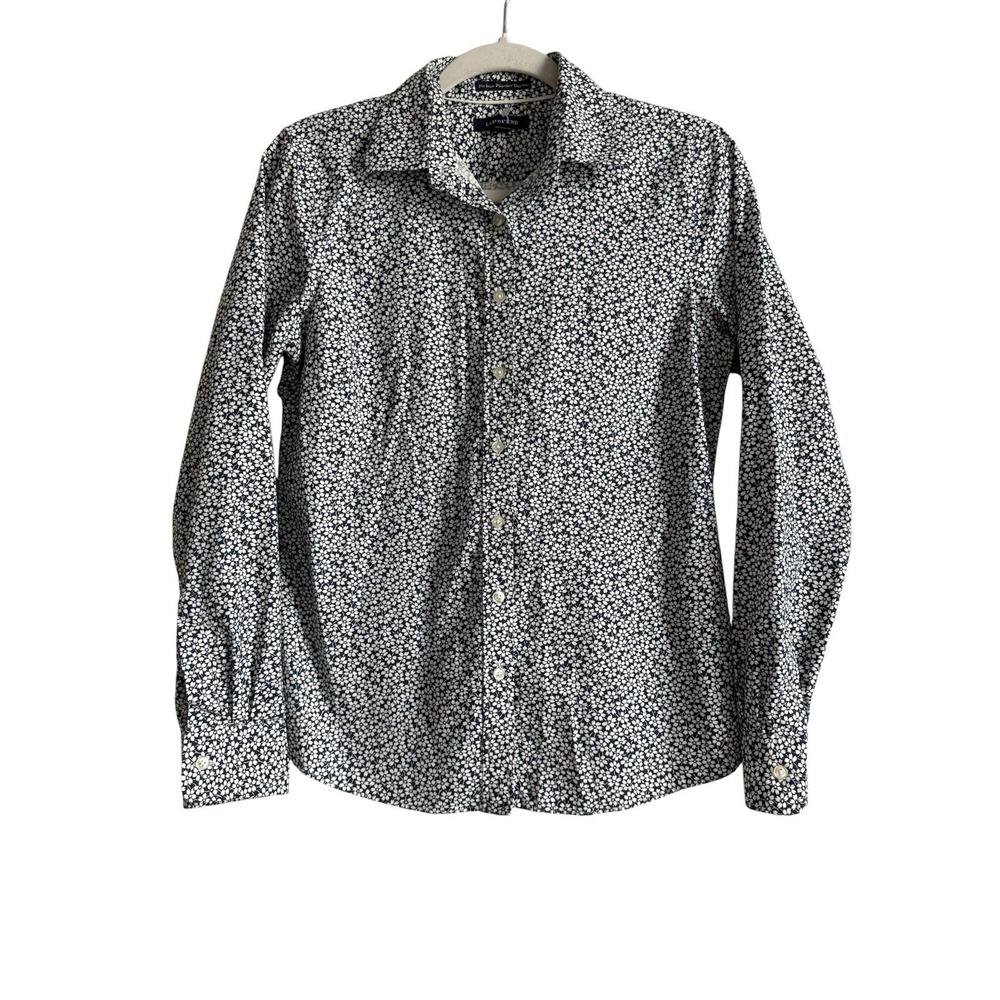 LANDS' END Blouse No Iron Pinpoint Oxford Button Up Navy White Floral Size 8